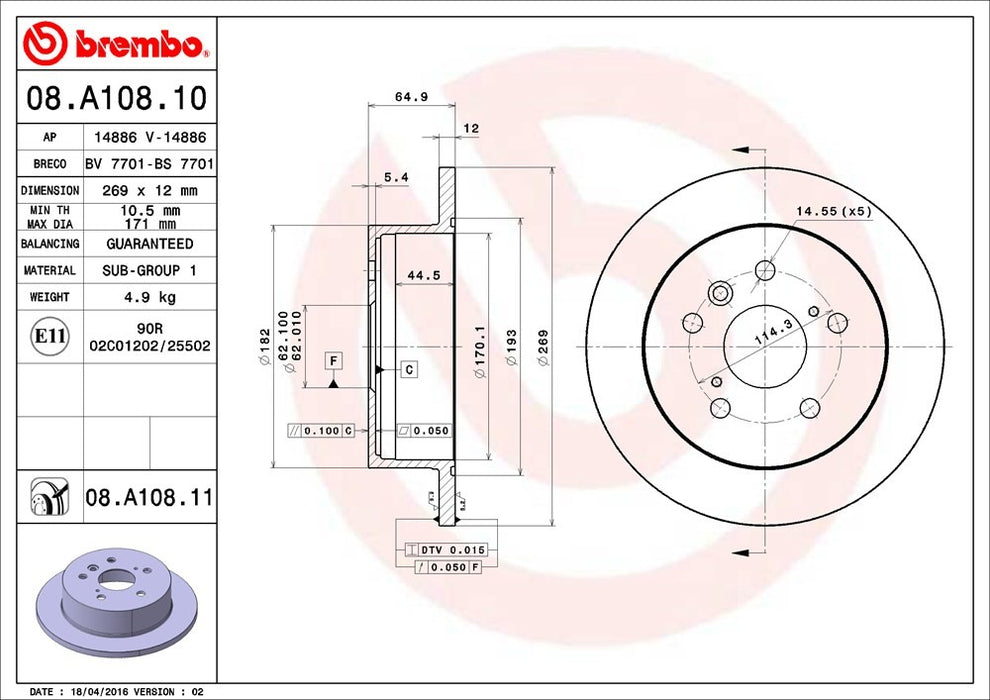 Rear Disc Brake Rotor for Lexus ES300 Base 2003 2002 P-2271007