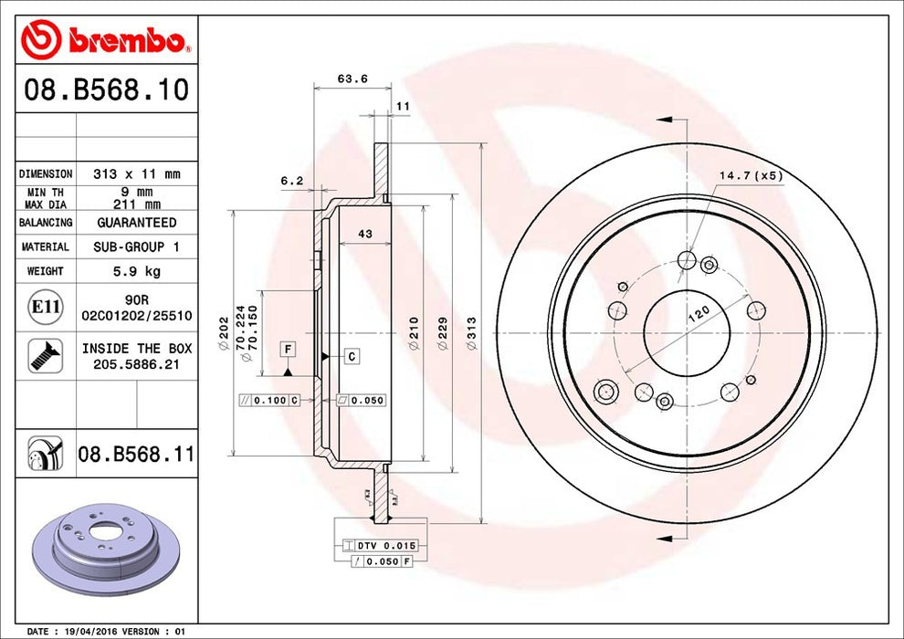 Rear Disc Brake Rotor for Honda Odyssey 2010 2009 2008 2007 2006 2005 P-2271221