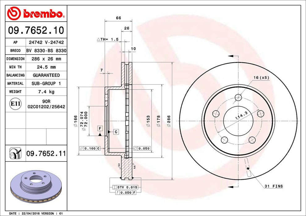 Front Disc Brake Rotor for Ford Ranger 4WD 2002 2001 2000 1999 1998 P-2273383