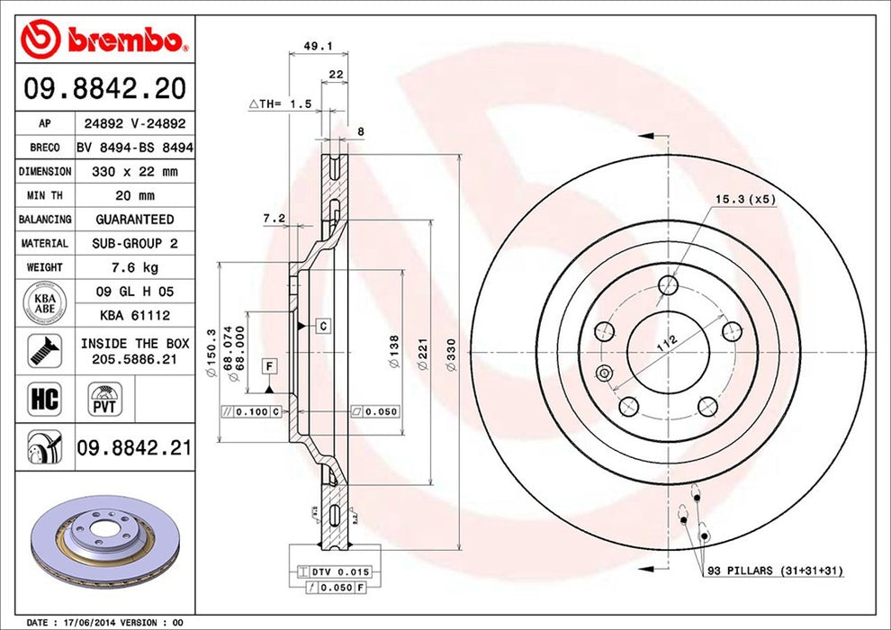 Rear Disc Brake Rotor for Audi A6 Quattro 4.2L V8 2011 2010 2009 2008 2007 2006 2005 P-2273760