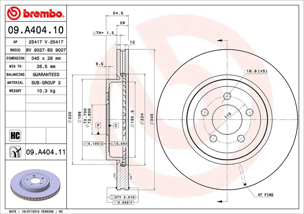 Front Disc Brake Rotor for Dodge Challenger 2021 2020 2019 2018 2017 2016 2015 2014 2013 2012 2011 2010 2009 P-2271899