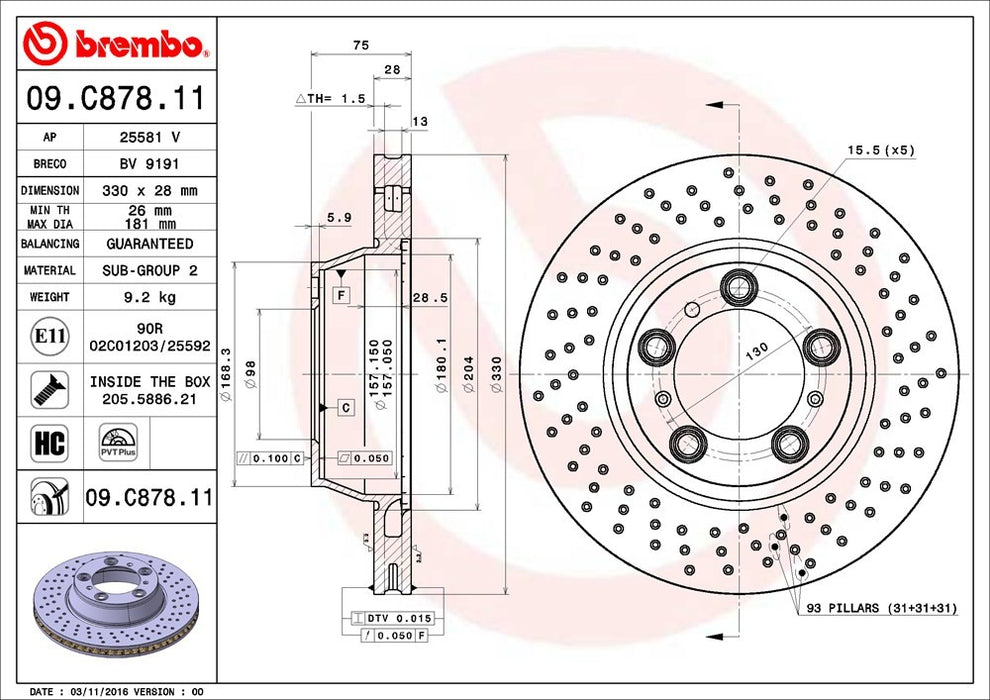 Rear Left/Driver Side OR Rear Right/Passenger Side Disc Brake Rotor for Porsche 911 3.6L H6 2019 2018 2017 2016 2015 2014 2013 2012 2011 P-2272798