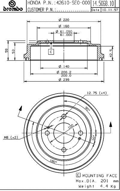 Rear Brake Drum for Honda Civic Automatic Transmission 2001 2000 1999 1998 1997 1996 1995 1994 1993 1992 P-2274147