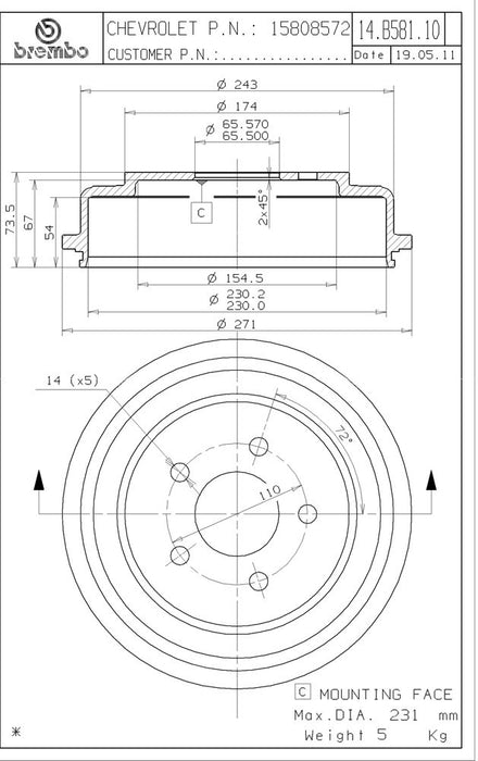 Rear Brake Drum for Chevrolet Malibu 2.2L L4 2007 2006 2005 P-2274133