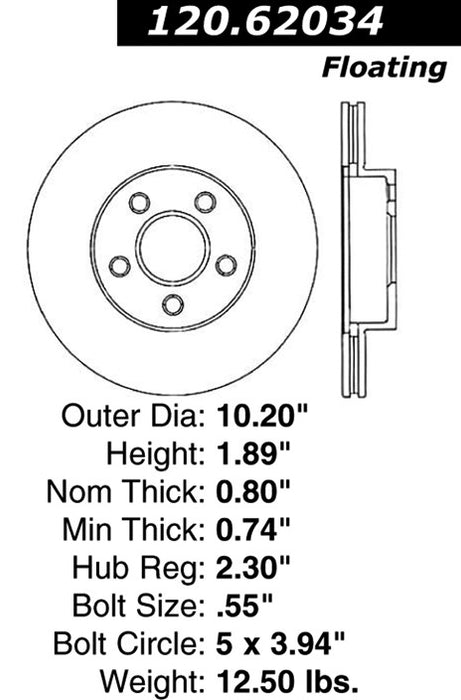 Front Disc Brake Rotor for Pontiac Sunbird 1994 1993 1992 - Centric 120.62034