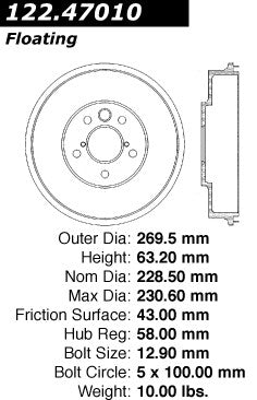 Rear Brake Drum for Subaru Impreza 2001 2000 1999 1998 1997 1996 1995 1994 1993 P-2418338