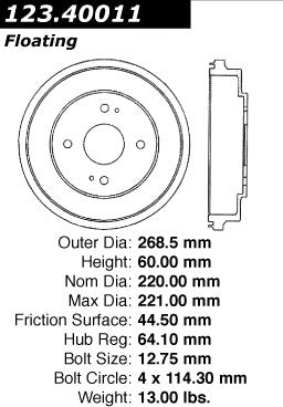 Rear Brake Drum for Honda Accord 2.3L L4 2002 2001 2000 1999 1998 1997 1996 1995 1994 1993 1992 1991 1990 - Centric 123.40011