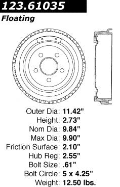 Rear Brake Drum for Mercury Cougar 1996 1995 1994 1993 1992 1991 1990 1989 P-2419259