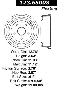 Rear Brake Drum for Ford F-100 RWD 1976 1975 1974 1973 1972 1971 1970 1969 1968 P-2419917