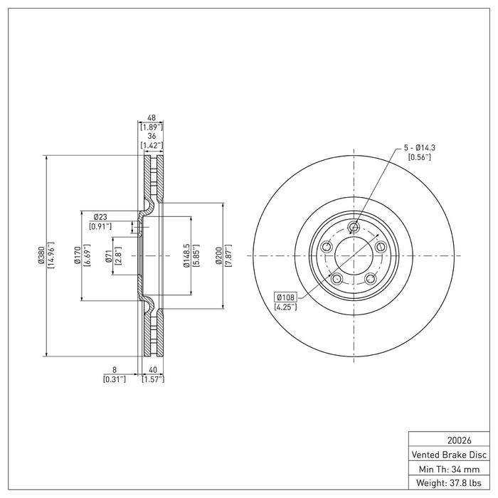 Front Disc Brake Rotor for Jaguar F-Type 3.0L V6 AWD 2021 2020 2019 2018 2017 2016 2015 2014 P-282768