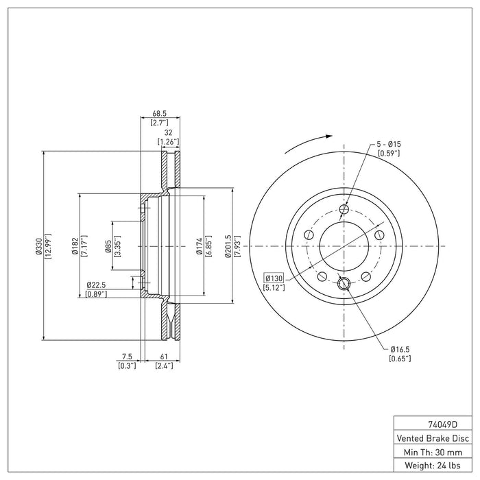 Front Right/Passenger Side Disc Brake Rotor for Porsche Cayenne 2010 2009 2008 2007 2006 2005 2004 2003 P-291515