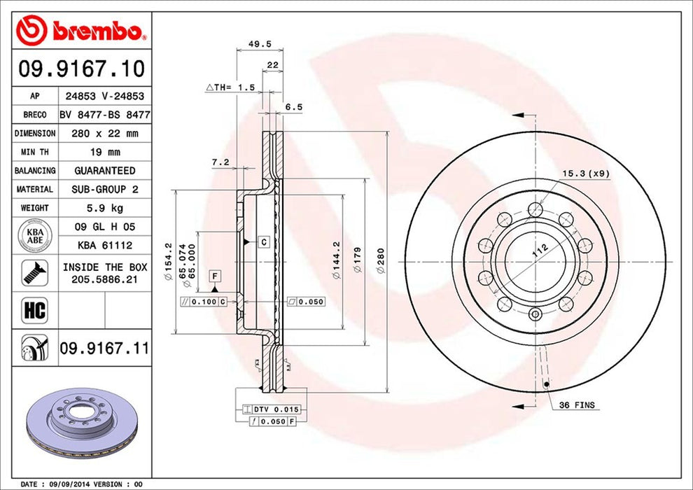 Front Disc Brake Rotor for Volkswagen Jetta 2.0L L4 2015 2014 2013 2012 2011 - Brembo 09.9167.11