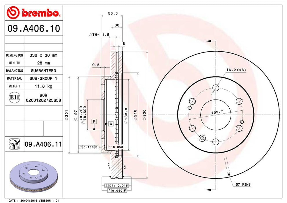 Front Disc Brake Rotor for GMC Sierra 1500 2013 2012 2011 2010 2009 2008 2007 2006 2005 - Brembo 09.A406.11