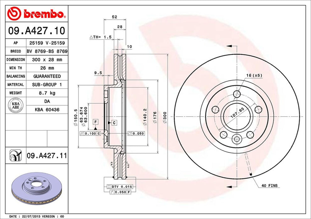 Front Disc Brake Rotor for Volvo S80 2016 2015 2014 2013 2012 2011 2010 2009 2008 2007 P-2271969