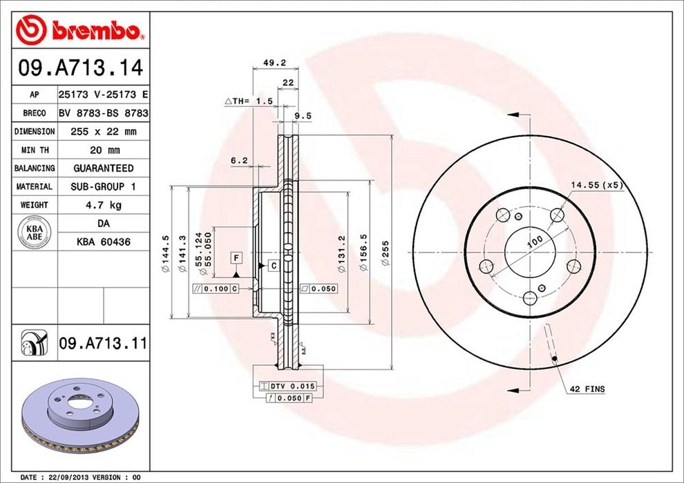 Front Disc Brake Rotor for Toyota Prius 2009 2008 2007 2006 2005 2004 P-2272066