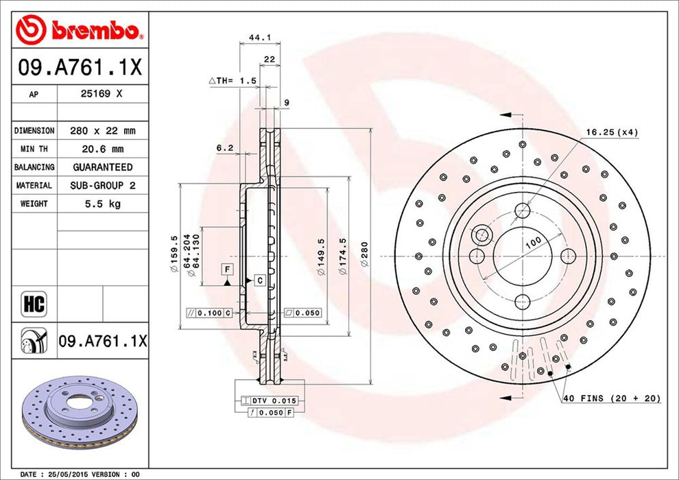 Front Disc Brake Rotor for Mini Cooper 1.6L L4 2015 2014 2013 2012 2011 2010 2009 2008 2007 - Brembo 09.A761.1X