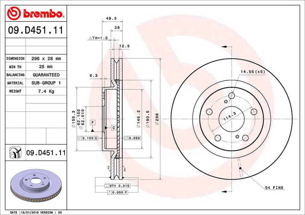 Front Disc Brake Rotor for Toyota Avalon 2018 2017 2016 2015 2014 2013 2012 - Brembo 09.D451.11