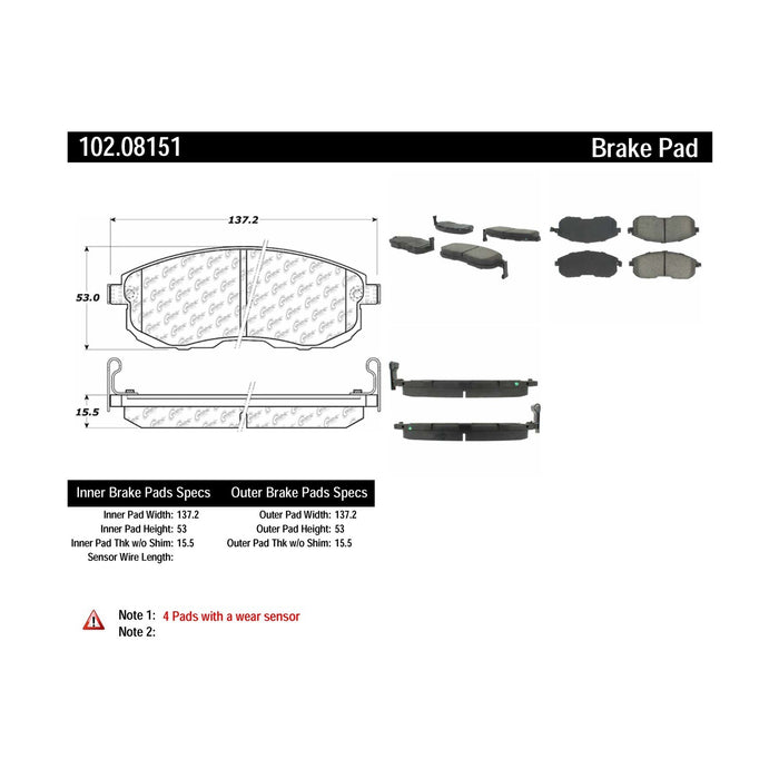 Front Disc Brake Pad Set for Suzuki SX4 2014 2013 2012 2011 2010 2009 2008 2007 - Centric 102.08151