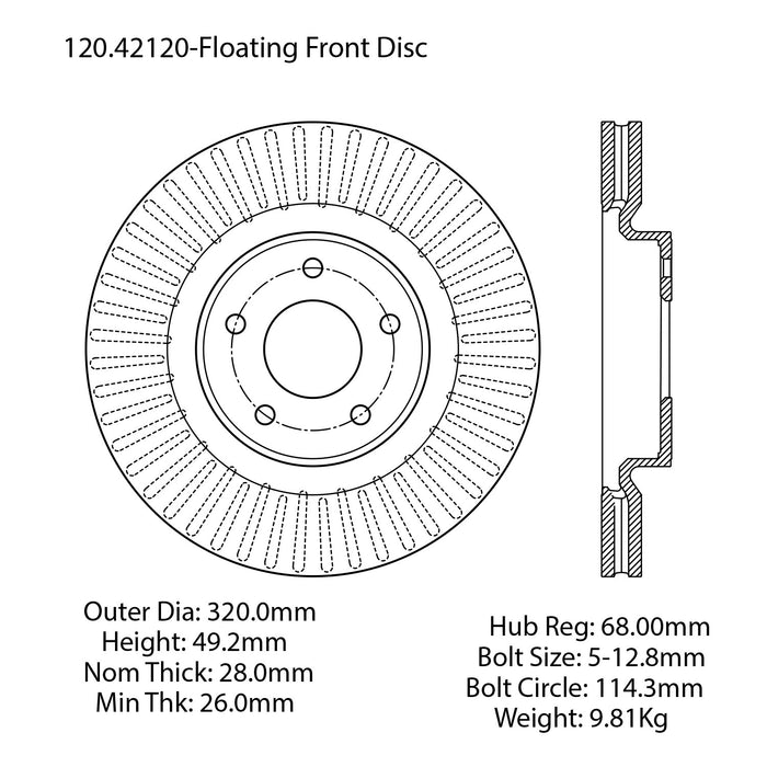 Front Disc Brake Rotor for Infiniti Q50 2022 2021 2020 2019 2018 2017 2016 2015 2014 - Centric 120.42120