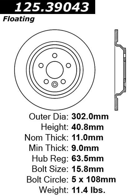 Rear Disc Brake Rotor for Volvo S60 2018 2017 2016 2015 2014 2013 2012 2011 - Centric 125.39043