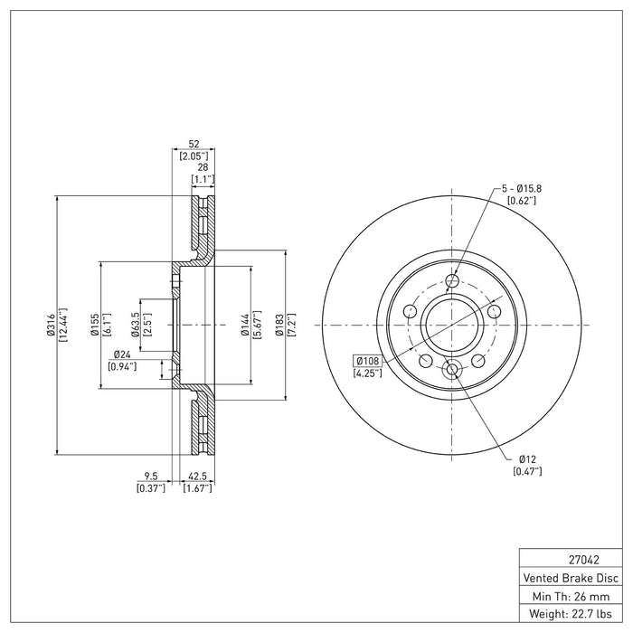 Front Disc Brake Rotor for Land Rover LR2 2015 2014 2013 2012 2011 2010 2009 2008 P-282959